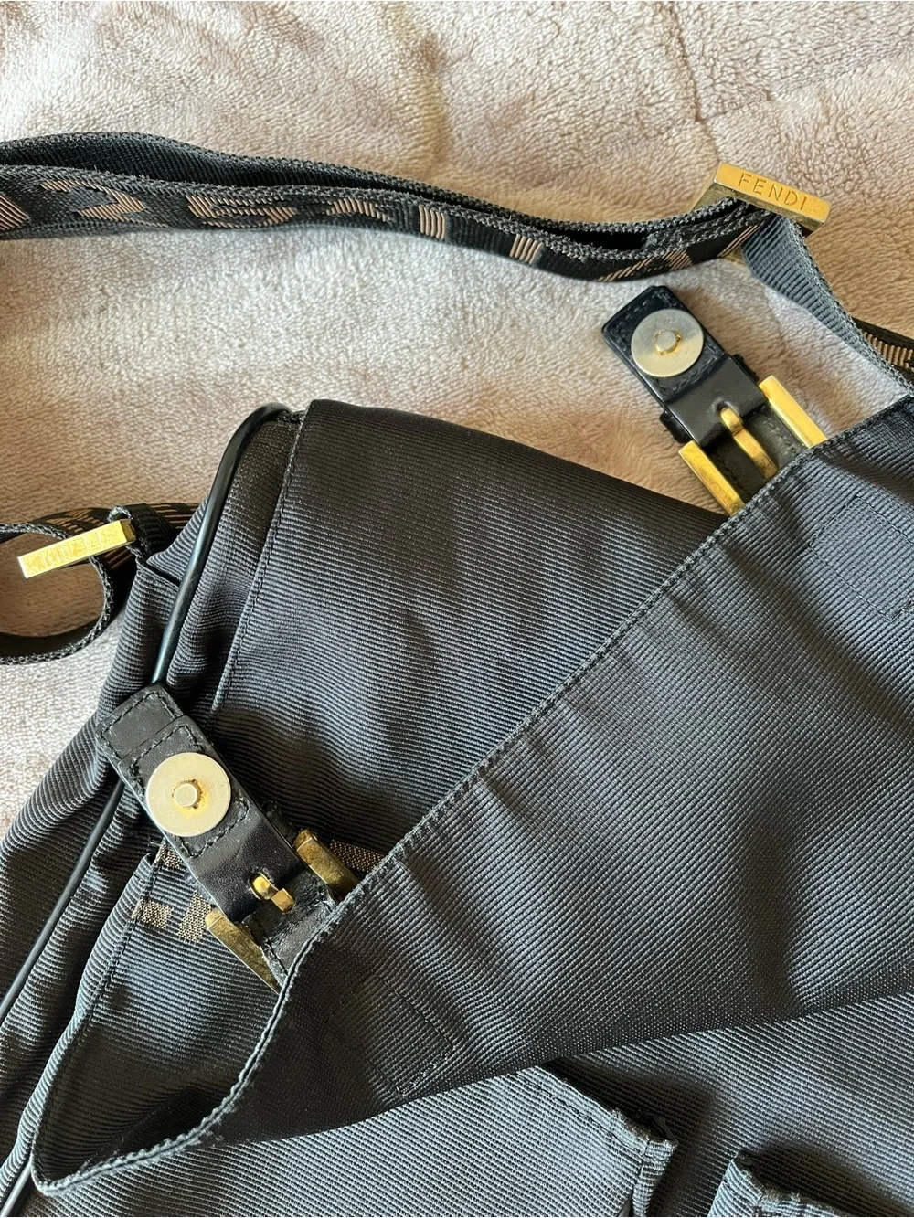 Fendi Black Canvas Messenger Bag with Logo Strap